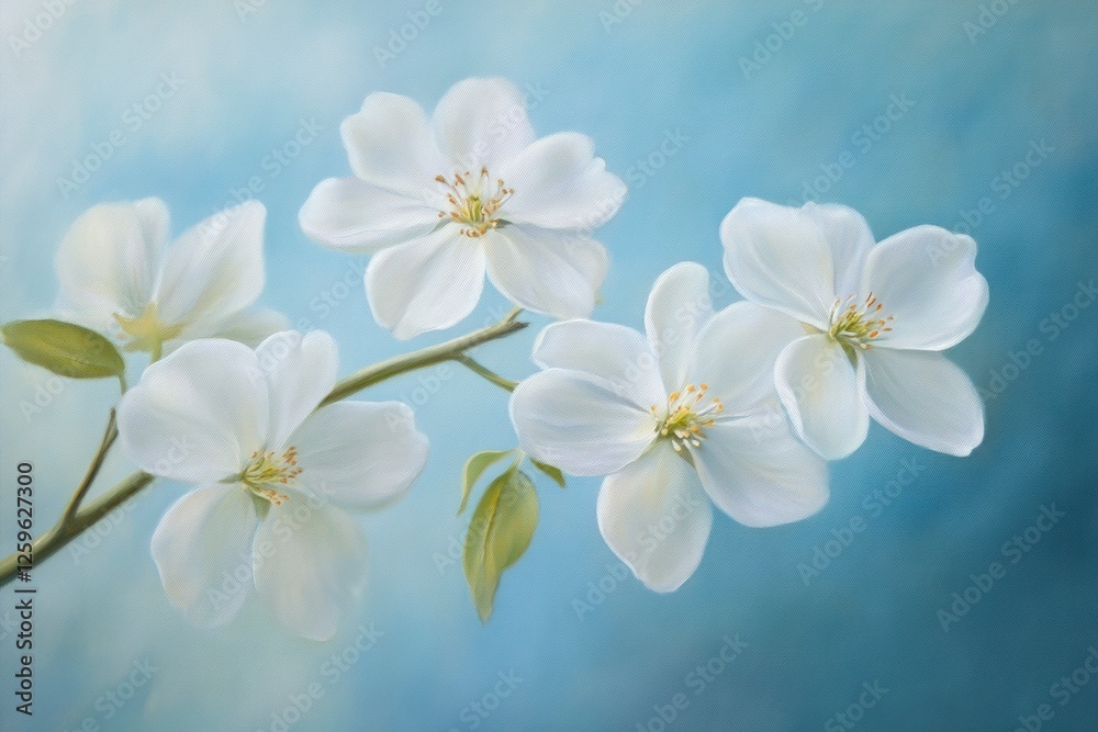 Delicate white flowers bloom against soft blue background, creating serene and joyful atmosphere. gentle petals and vibrant details evoke sense of tranquility and beauty. Delicate white flowers bloom against soft blue background, creating serene and joyful atmosphere. gentle petals and vibrant details evoke sense of tranquility and beauty.
