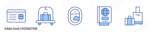 hotel cart, passport, luggage, member card, plane. Travel Icon vector illustration. Line Duotone style. Editable stroke