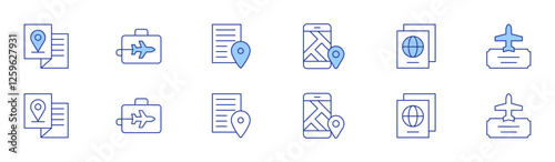 Travel icon set in two styles, Duotone and Thin Line style. Editable stroke. brochure, business trip, check in, checklist, passport, plane ticket