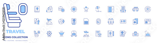 Travel icons collection. Line Duotone style, editable stroke. barbecue, earth globe, hotel cart, passport, sim card, travel, ferris wheel, passport control, seat, travelling