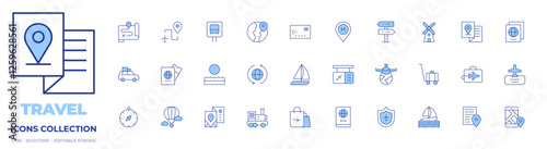 Travel icons collection. Line Duotone style, editable stroke. compass, duty free, gate, passport, yatch, car, hot air balloon, sunrise, train, travel guide, worldwide