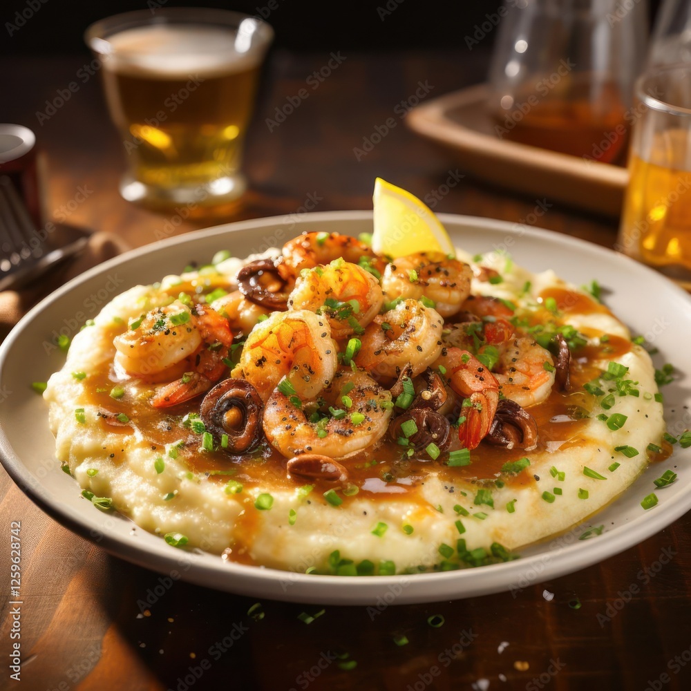 A close-up of a plate of shrimp and grits with mushrooms A close-up of a plate of shrimp and grits with mushrooms