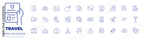 Travel icons collection. Thin Line icons, editable stroke. binoculars, bus ticket, chat, check list, information, passport, storage, travel, business trip