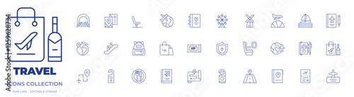 Travel icons collection. Thin Line icons, editable stroke. destination, escalator, school bag, traveling, duty free, travel guide, waiting room, vip, tunnel, diary