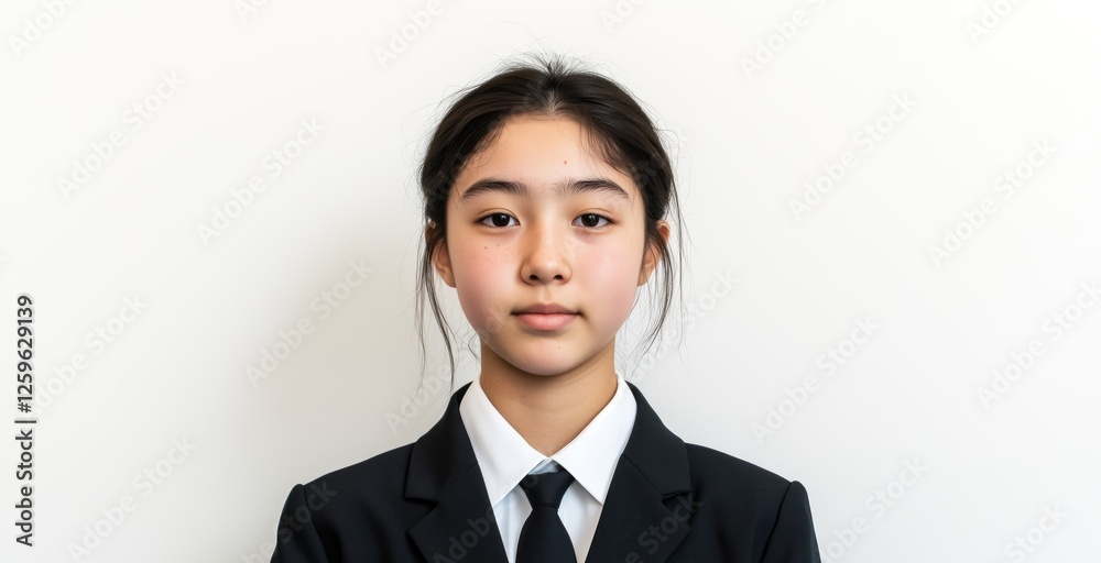 A school-aged child wearing school uniform. Kid. Youth. Youngster. Teenager. Asian female high school student. A Japanese preteen girl. Visa, id photo. Adolescent, puberty A school-aged child wearing school uniform. Kid. Youth. Youngster. Teenager. Asian female high school student. A Japanese preteen girl. Visa, id photo. Adolescent, puberty