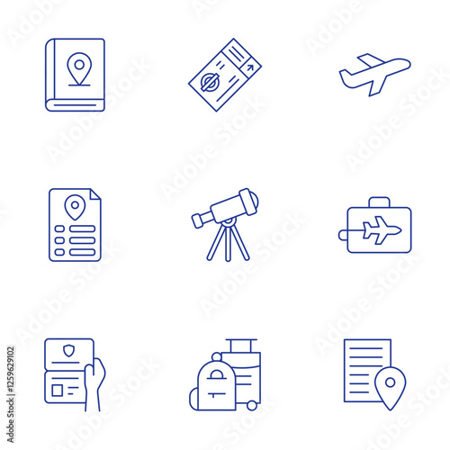 Travel icons set. Thin Line style, editable stroke. airplane, business trip, checklist, guide, itinerary, passport control, subway, telescope, travel