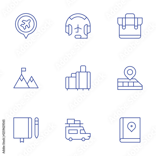 Travel icons set. Thin Line style, editable stroke. flight, headset, hiking, luggage, notebook, suitcase, train, travel, travel guide