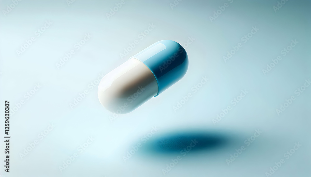 Medical A macro shot of two-toned capsules floating in mid-air, with one half white and the other light blue3 Medical A macro shot of two-toned capsules floating in mid-air, with one half white and the other light blue3
