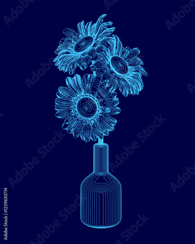 A blue vase with three sunflowers in it. The flowers are in a clear glass vase and are arranged in a way that they are all facing the same direction. The vase is placed on a blue background