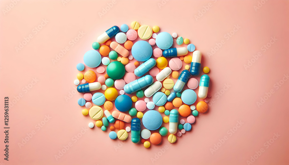 Obraz premium Medical A high-angle view of a vibrant mix of colorful pills and capsules scattered on a soft pink backgroun4
