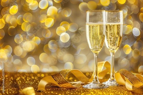 Two elegant champagne flutes filled with sparkling wine stand against a shimmering golden background, perfect for celebrations in any season