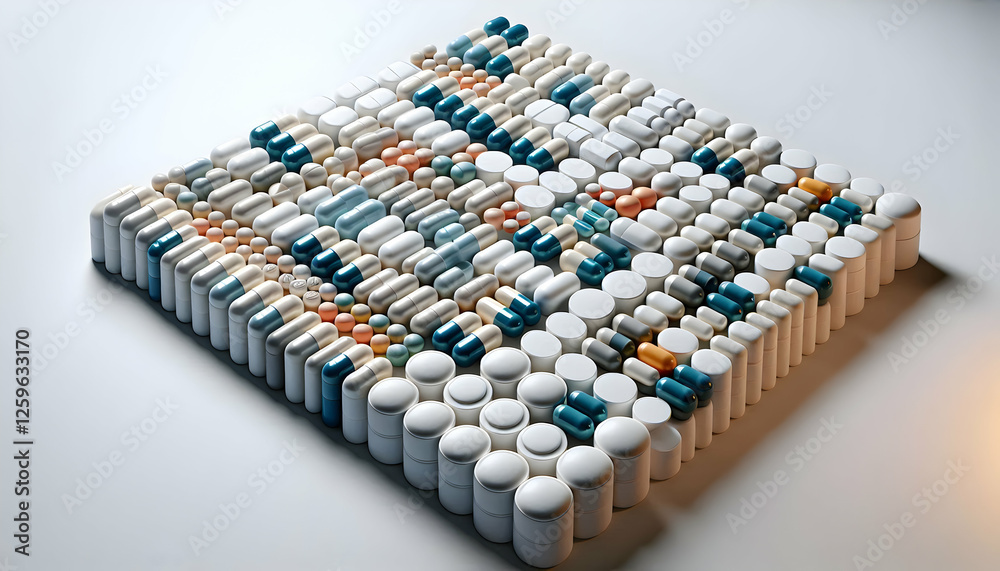 Obraz premium Medical A commercial advertisement-style image of pharmaceutical capsules arranged in a perfect grid pattern2