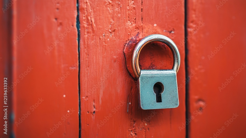 Close-up of a padlock on a rustic red wooden door, security concept Close-up of a padlock on a rustic red wooden door, security concept