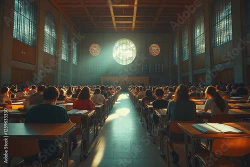 Students taking exam in grand hall, sunlit