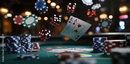 Exciting Casino Action with Flying Chips and Cards