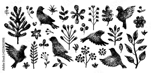 Bird with flower, branch, plant. Vector tree and sparrow or nightingale silhouette. Crayon pattern with leaf flower, twig branch garden shape. Nature illustration. Flying spring bird forest chalk art