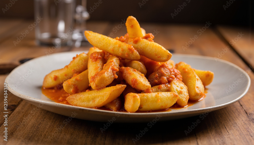 Crispy patatas bravas served with spicy sauce on rustic wooden table, comfort food Crispy patatas bravas served with spicy sauce on rustic wooden table, comfort food