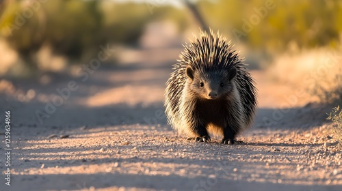 Porcupine walks down a dirt road in the desert