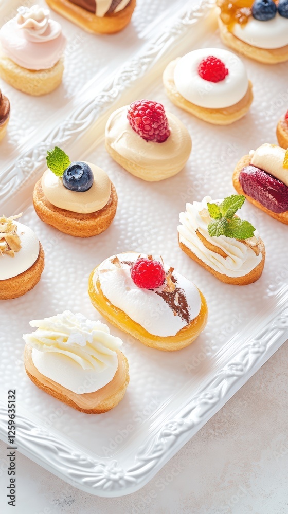 White ceramic tray displaying miniature eclairs garnished with colorful cream, seasonal berries, and fresh mint leaves, presenting elegant pastry artistry White ceramic tray displaying miniature eclairs garnished with colorful cream, seasonal berries, and fresh mint leaves, presenting elegant pastry artistry