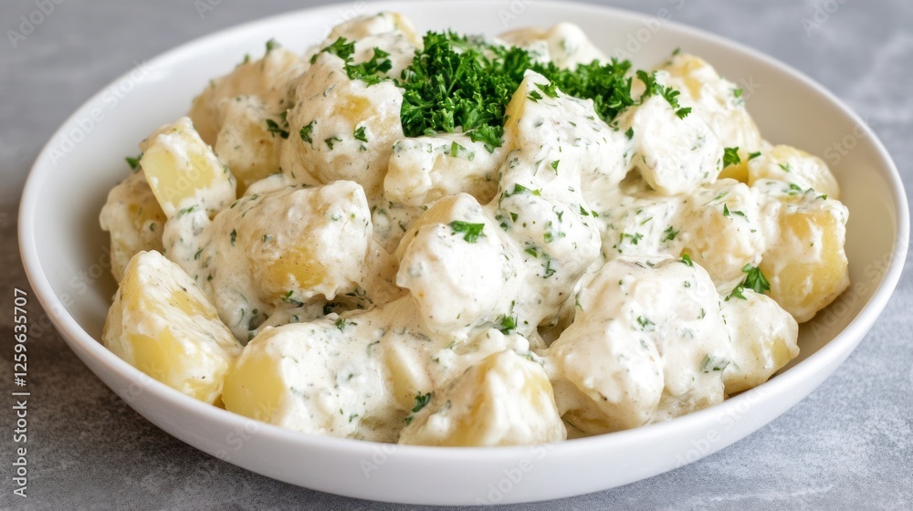 Creamy Potato Salad with Fresh Parsley Garnish in a White Bowl