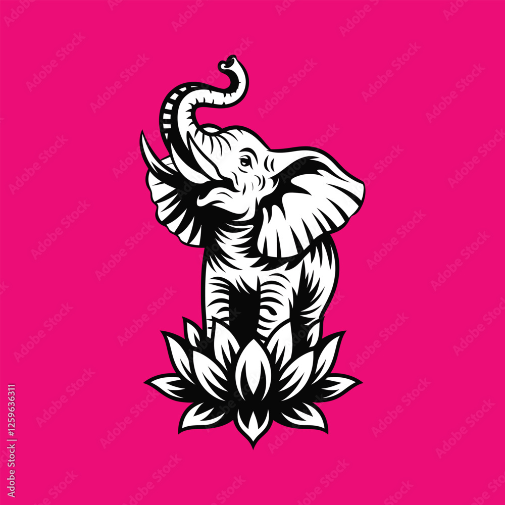 Fototapeta premium A stylized black and white illustration of an elephant with its trunk raised