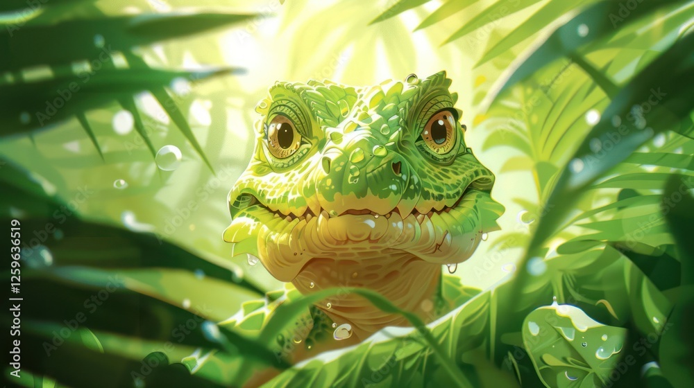 A vibrant green lizard peeks through lush foliage, illuminated by soft sunlight. A vibrant green lizard peeks through lush foliage, illuminated by soft sunlight.