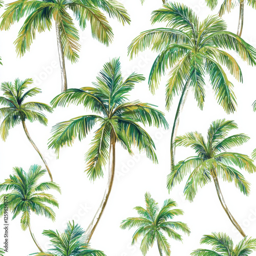 Seamless palm tree pattern in white and green on a clean white background. A fresh and tropical design, perfect for wallpapers, textiles, and summer-themed projects.