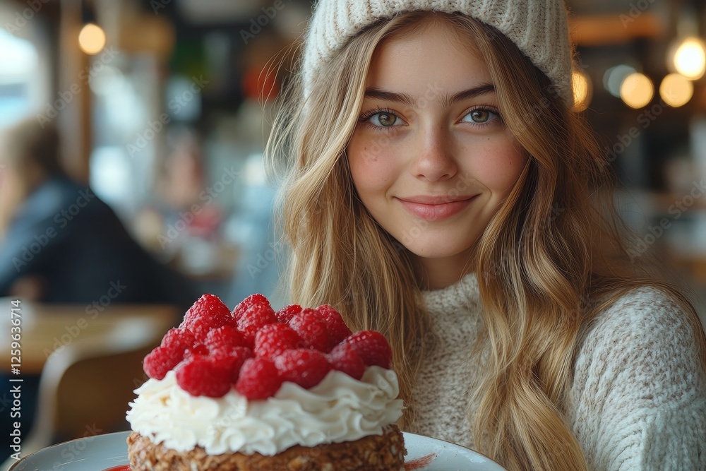 Girl presents raspberry cake in cafe Girl presents raspberry cake in cafe