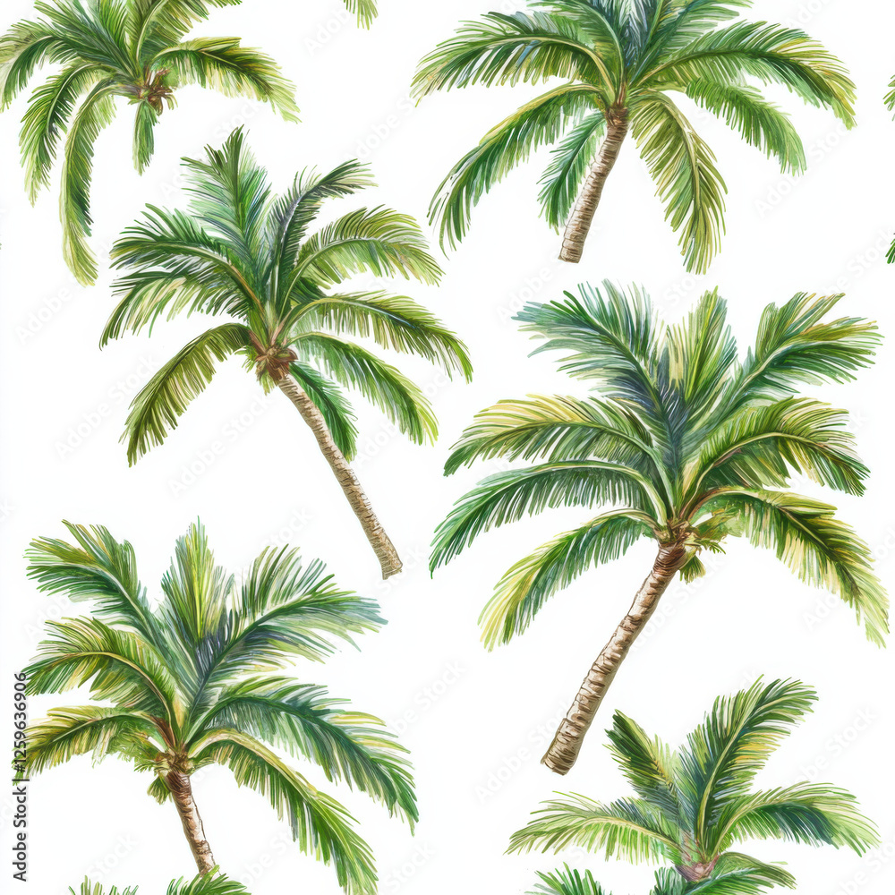 Fototapeta premium Seamless palm tree pattern in white and green on a clean white background. A fresh and tropical design, perfect for wallpapers, textiles, and summer-themed projects.