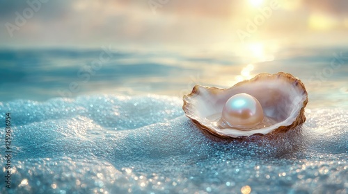 A shimmering pearl nestled in an open oyster shell on a tranquil beach at sunset