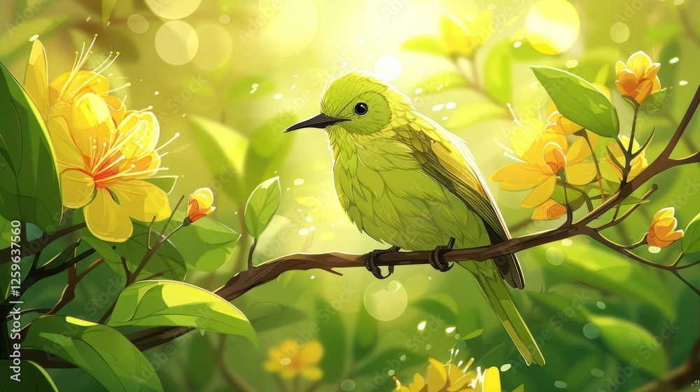 Obraz premium A vibrant green bird perched on a branch surrounded by bright yellow flowers and soft light.