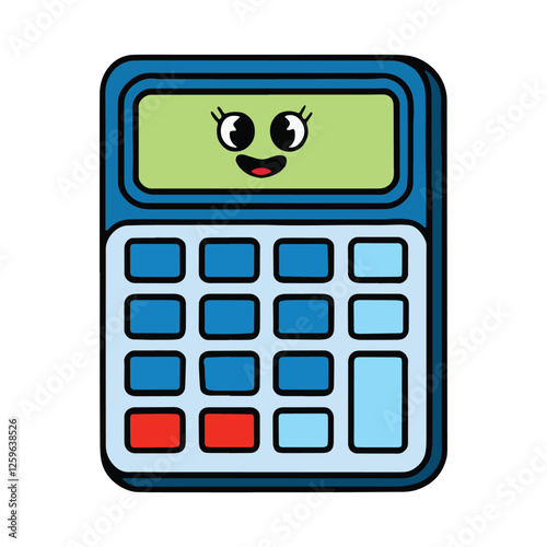 A cute cartoon calculator with a big smile and friendly eyes. This fun and playful illustration is perfect for educational materials, kids' projects, and whimsical designs. Vector illustration.