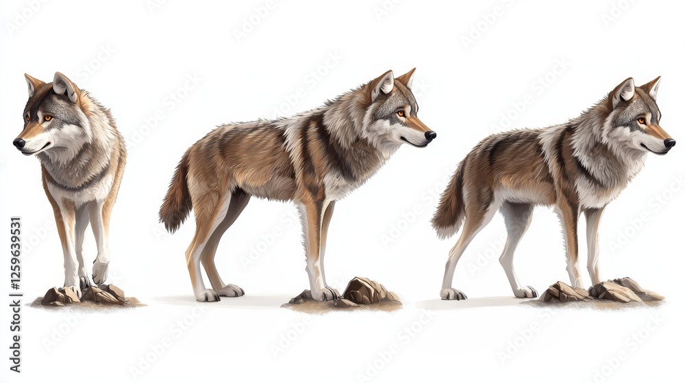Illustration of a Wolf with Detailed Fur Textures and Prowling Posture on a White Background Illustration of a Wolf with Detailed Fur Textures and Prowling Posture on a White Background