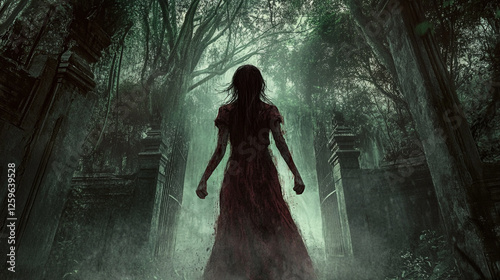 Lady ghostly woman scary horror grotesque monster evil devil female spirit standing in the middle of the woods forest dark dangerous mood asian folklore