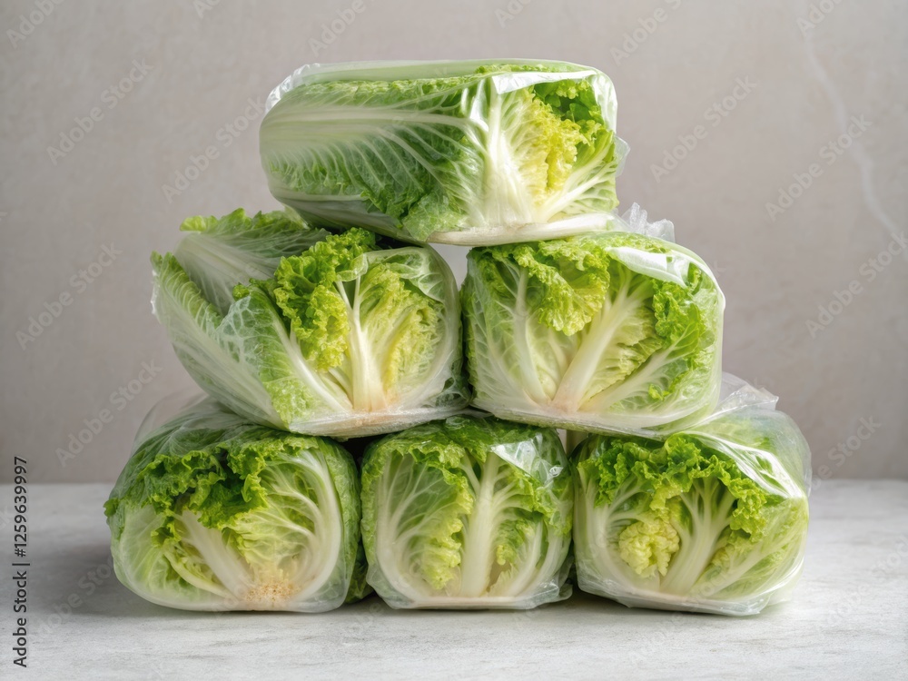 Stacked Fresh Napa Cabbage Heads in Plastic Bags Stacked Fresh Napa Cabbage Heads in Plastic Bags