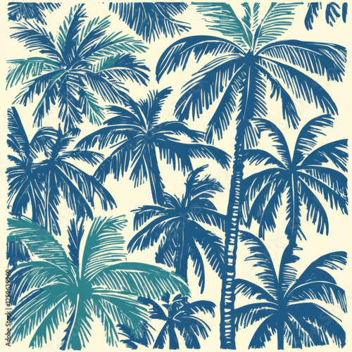 palm tree pattern, seamless design, tropical print, white background, green foliage, botanical pattern, nature-inspired, exotic leaves, summer theme, vector illustration, minimalist tropical