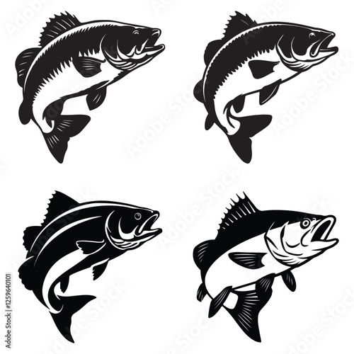 Black and white artistic fish jumping illustration set on white background