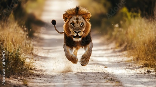 Lion with a white spot on its face running down a dirt road
