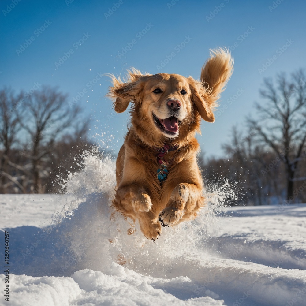 A golden retriever joyfully leaping through fresh snow under a bright blue sky. A golden retriever joyfully leaping through fresh snow under a bright blue sky.