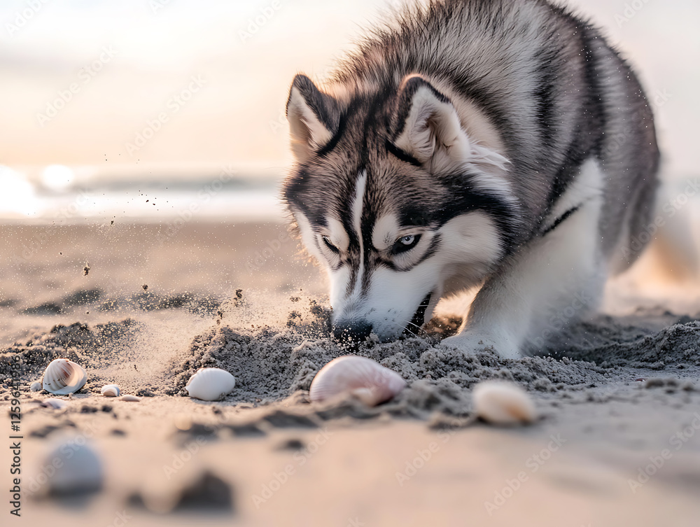 An Alaskan Malamute energetically digging deep into the sand An Alaskan Malamute energetically digging deep into the sand