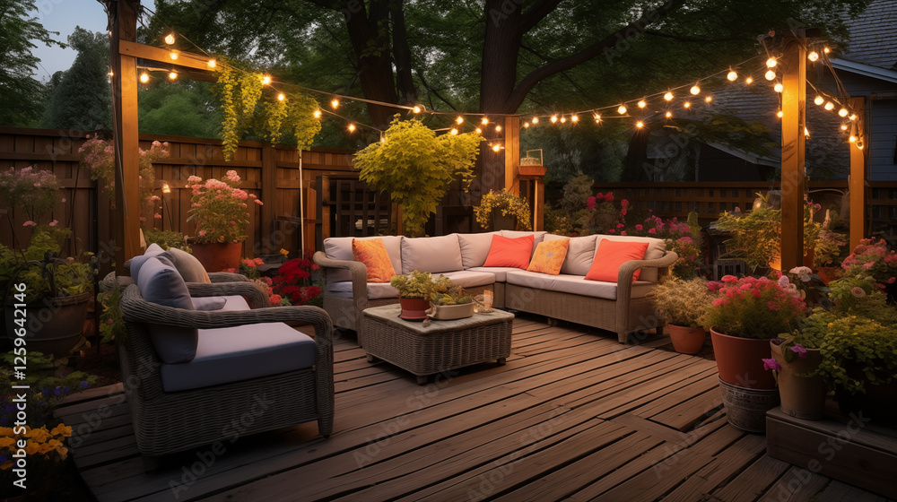 Fototapeta premium Cozy outdoor deck with string lights and comfortable seating, surrounded by plants and flowers. A perfect evening setting for relaxation and enjoying summer nights.