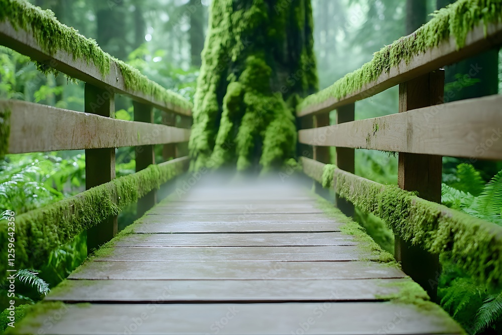 A misty forest canopy walkway with moss-covered trees and ferns, leading to an ancient tree covered in lichen. The wooden bridge creates the impression of walking on clouds A misty forest canopy walkway with moss-covered trees and ferns, leading to an ancient tree covered in lichen. The wooden bridge creates the impression of walking on clouds
