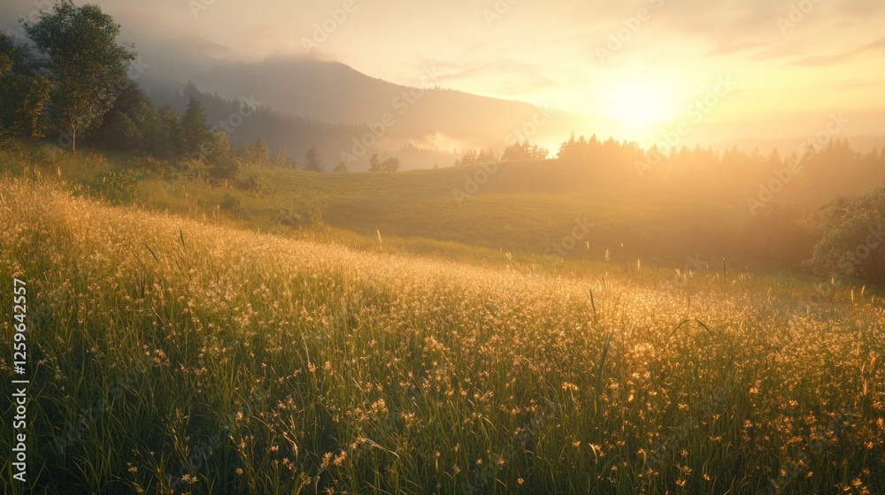 Obraz premium Sunset over misty mountain meadow