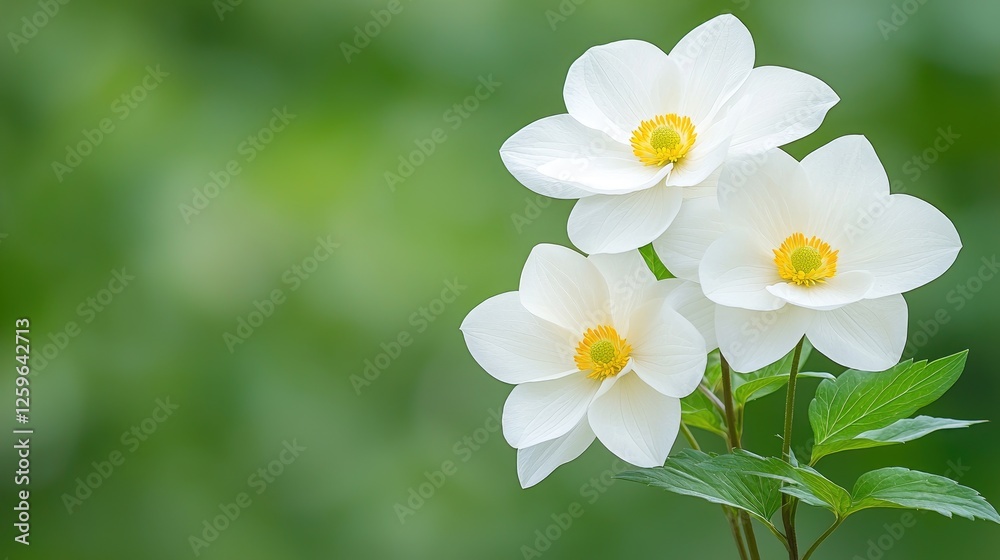 Fototapeta premium Three white flowers, green background, nature, spring card