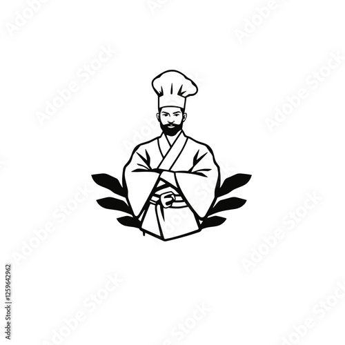 Samurai chef logo in black and white with minimalist design.