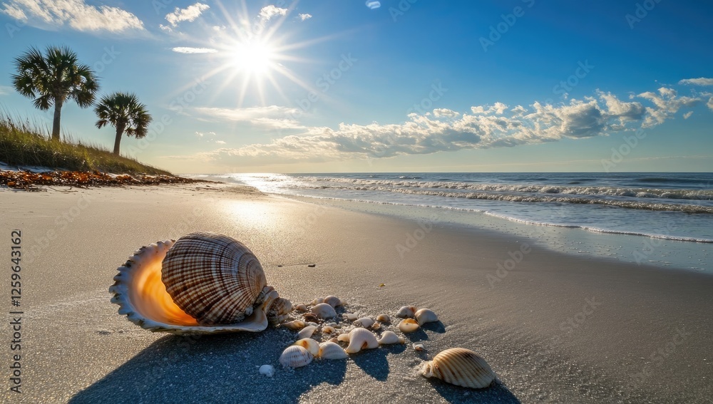 Obraz premium Coastal Shells Sunrise Beach Scene
