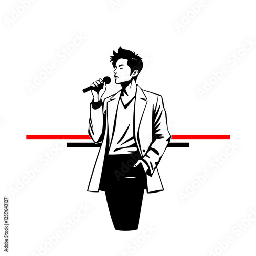 Stylish male singer holding microphone in minimalist illustration