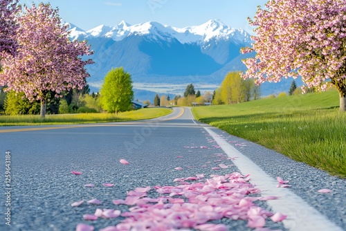 A road leading into the distance, surrounded by cherry blossom trees in full bloom, pink petals floating gently with green leaves and grass on both sides. The background features distant mountains