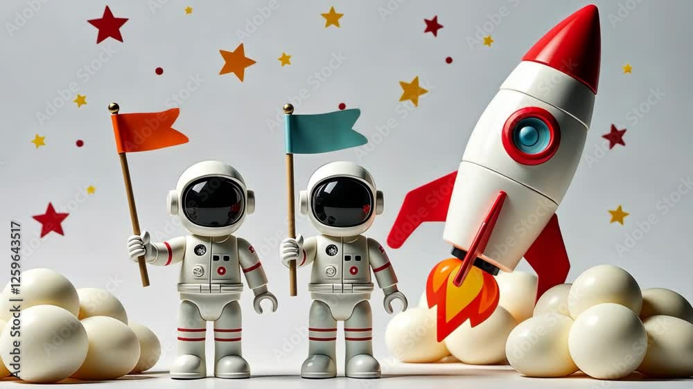 Two astronauts holding flags and a rocket. The rocket is white and red. The flag is orange