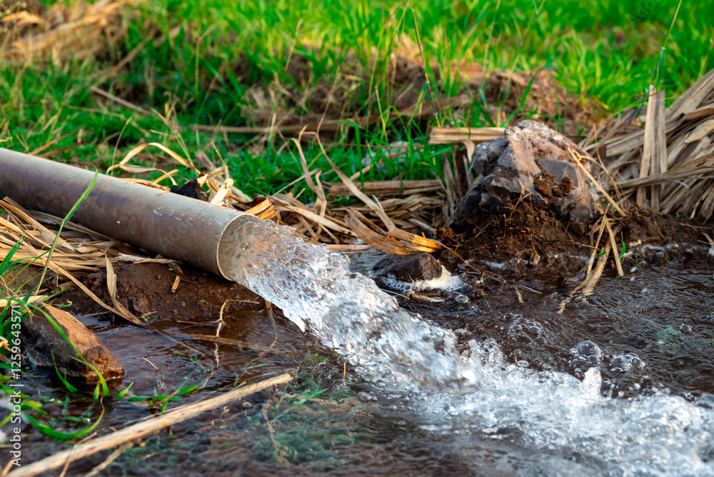 Fototapeta premium pump pipe water flow equipment agriculture, pump pipe water flow equipment agriculture, Water from a well filled a pond for irrigation,Irrigation water from the source